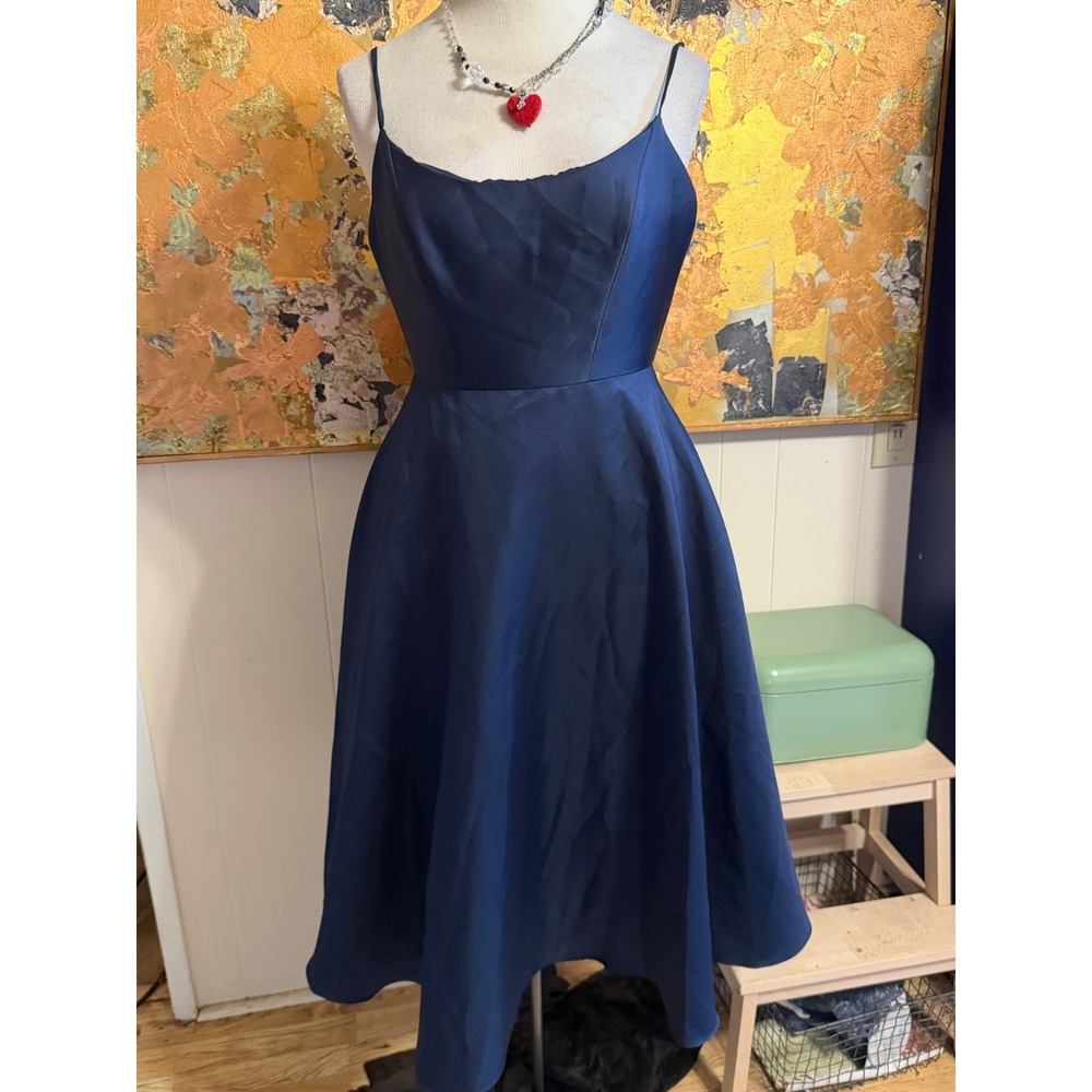 Alfred Sung Navy Blue Satin A-Line Cocktail Dress Spaghetti Strap Formal Midi 10